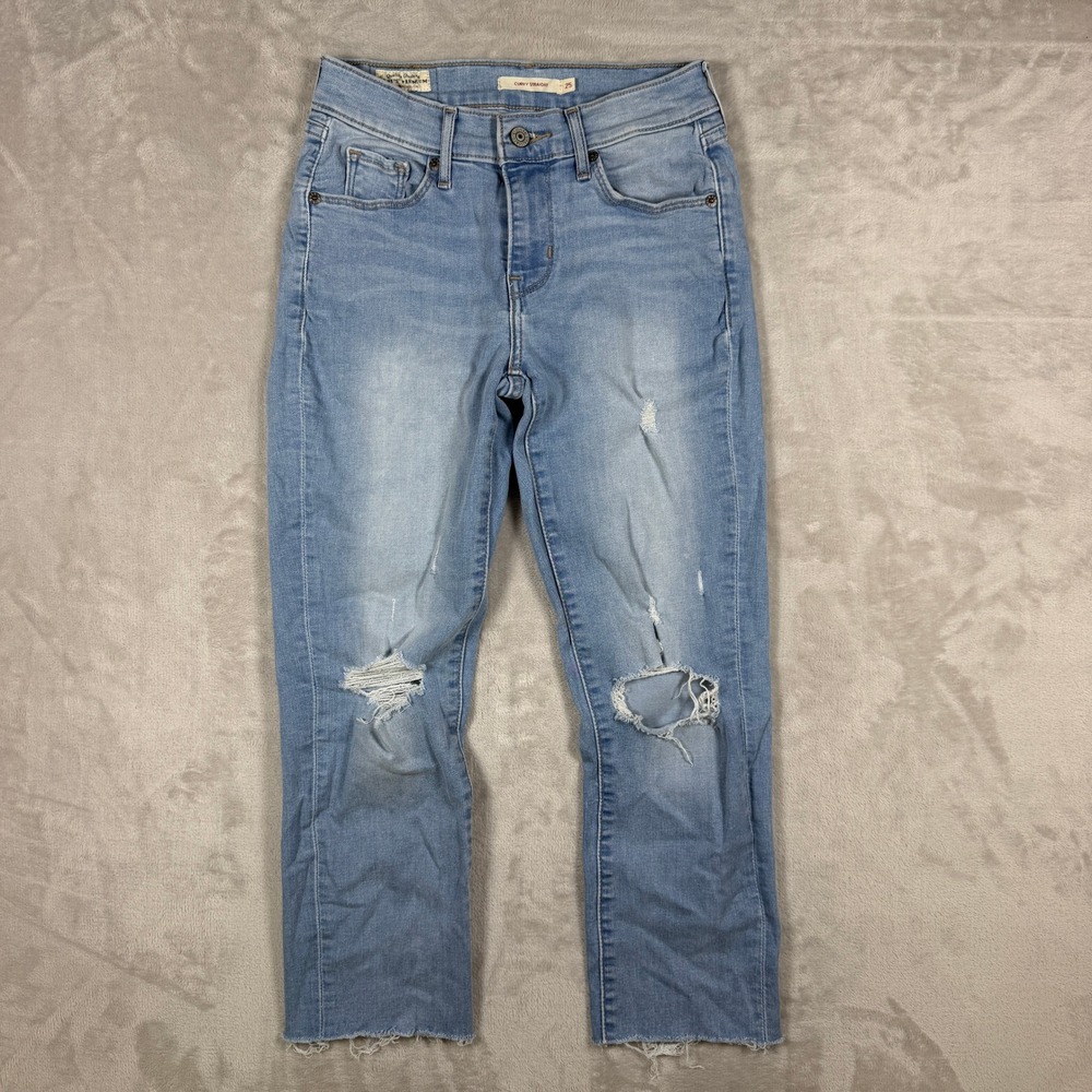 Levi's Premium Curvy Straight Jeans Womens 25 Light Blue Distressed Raw Hem